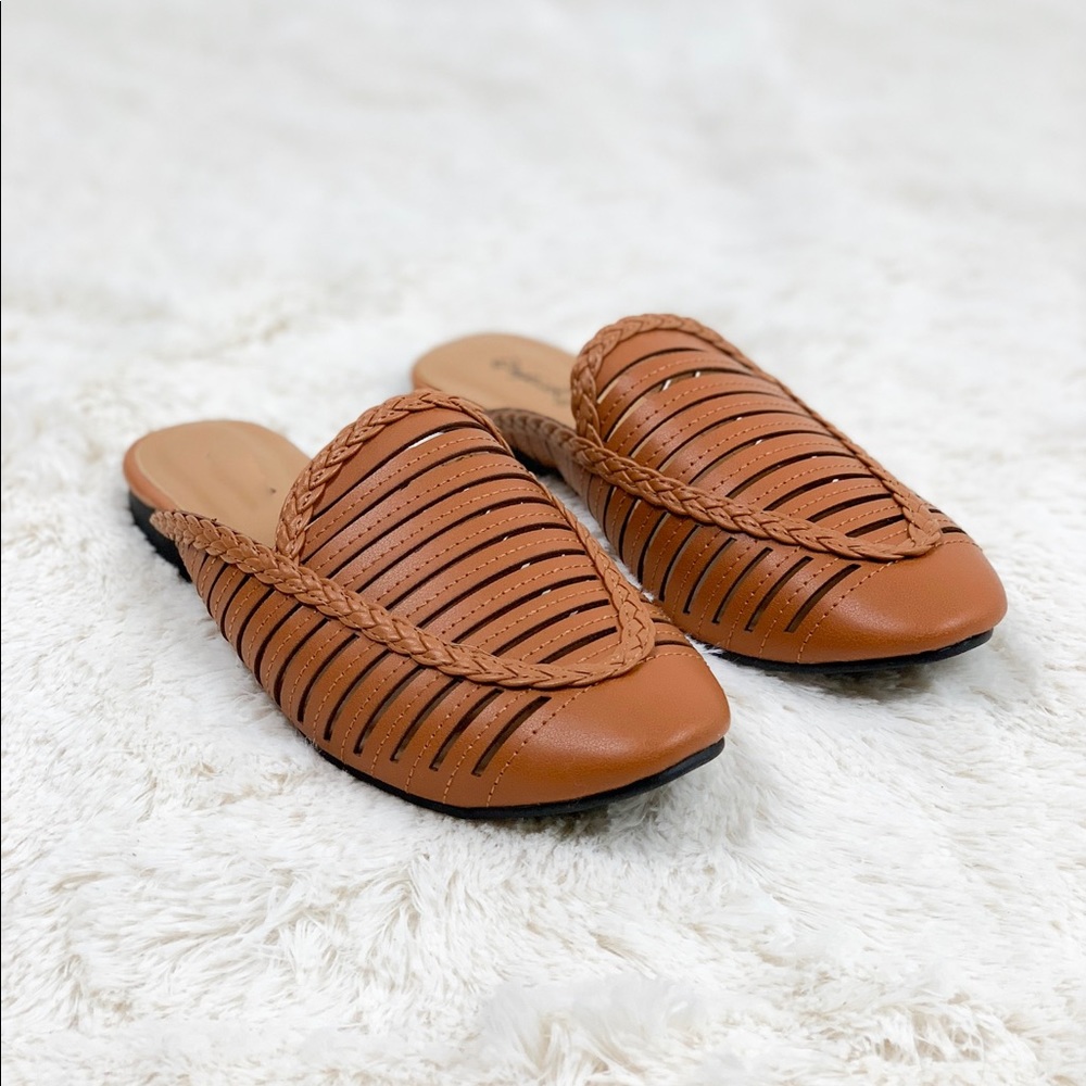 Braided Trim Strappy Slip On Almond Toe Flat Mules - Picture 3 of 5